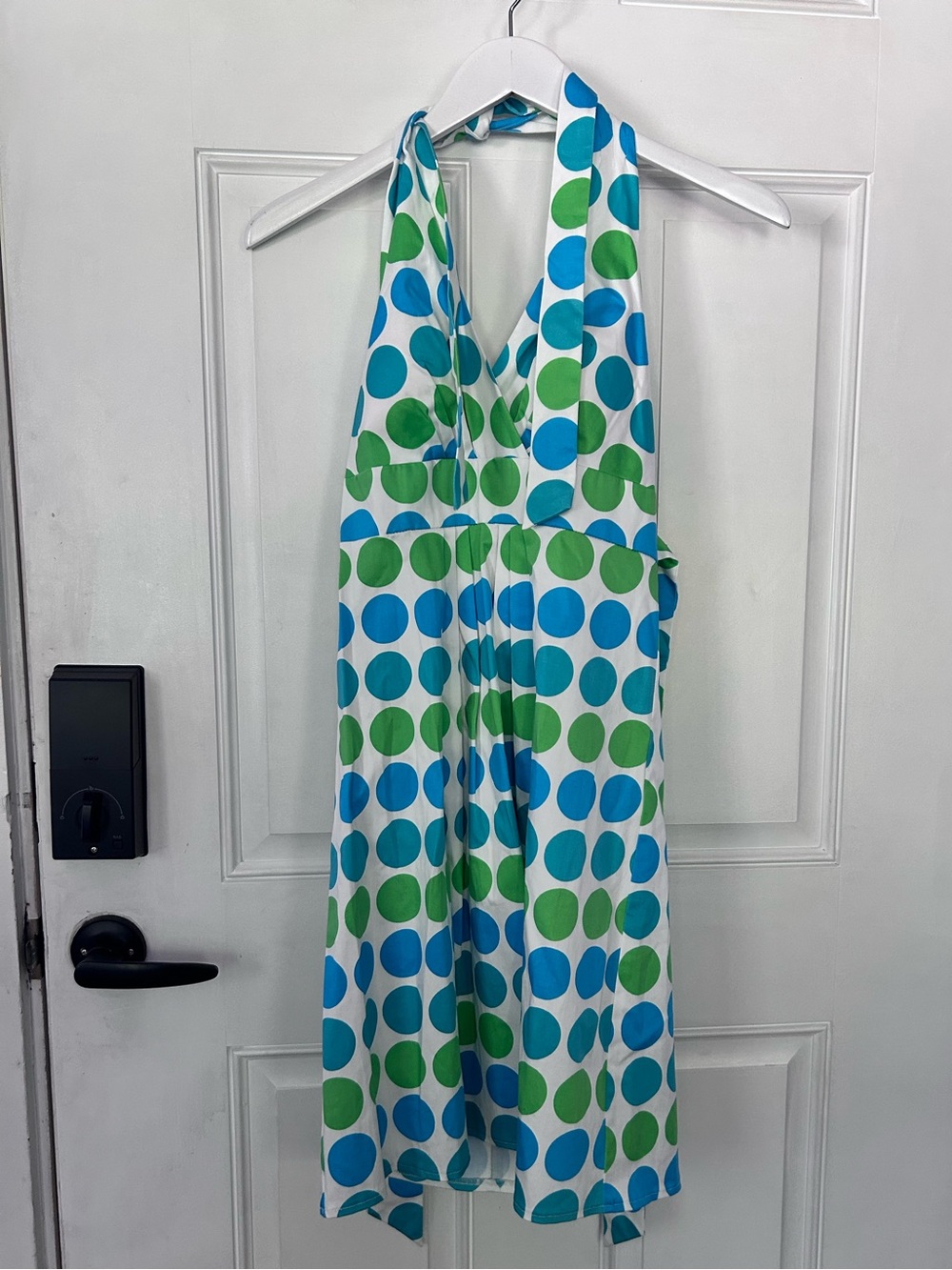 Morgan 4 Ever White Halter Mini Dress with Blue & Green Polka Dots